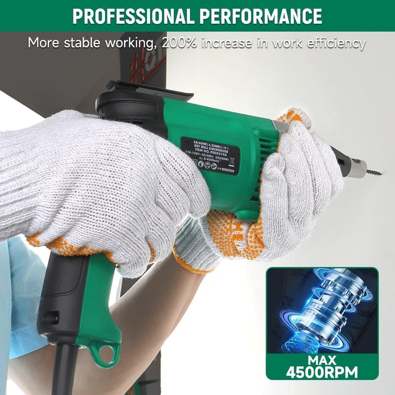 HOTECHE 5-Amp Dry Wall Screw Driver, Electric Screwdriver with Variable Speed 0-4500 RPM, 1/4" Chuck, Forward & Reverse Switch with 6pcs Cr-V Bits - Image 5